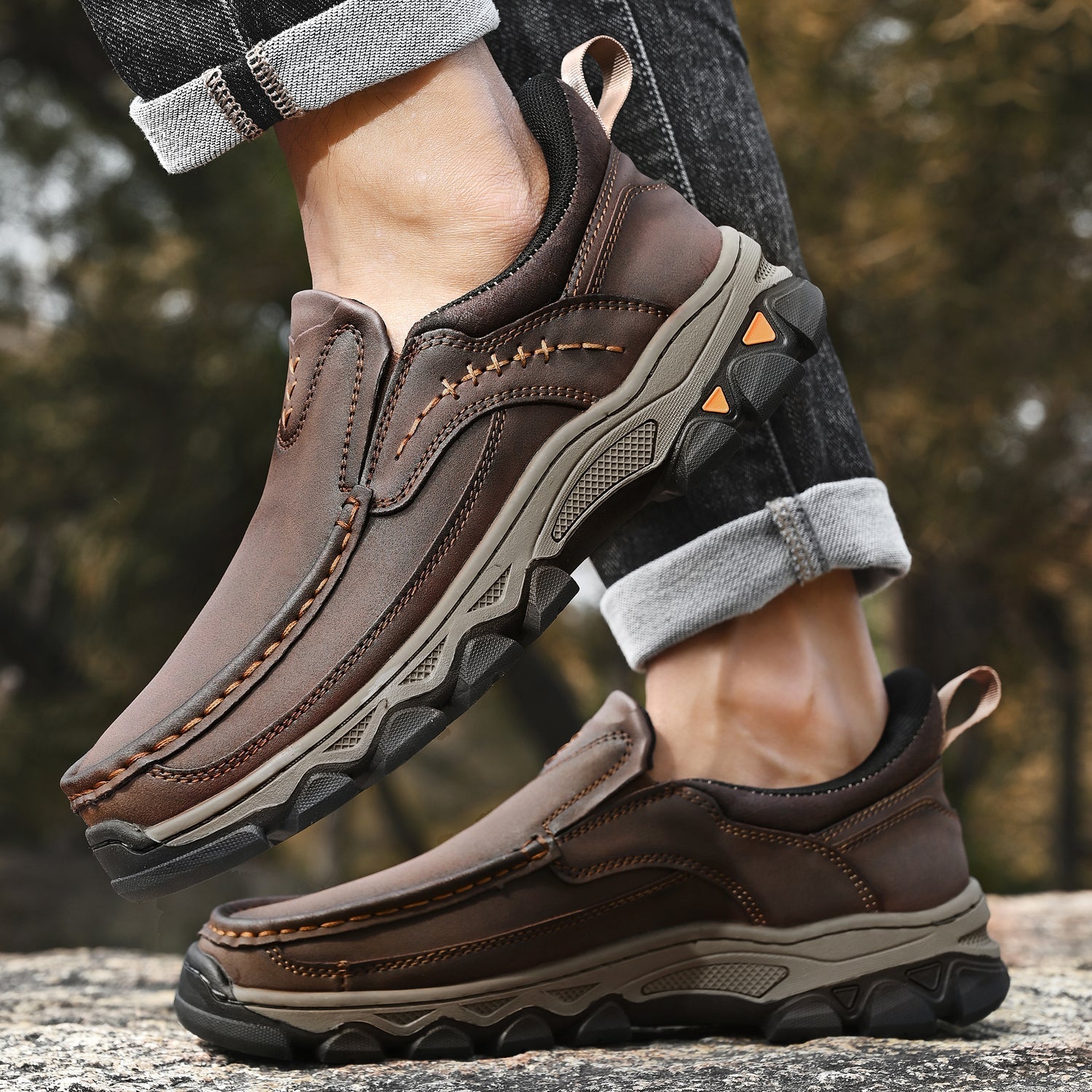Mens Slip On Casual Outdoor Leather Walking Hiking Shoes V3688