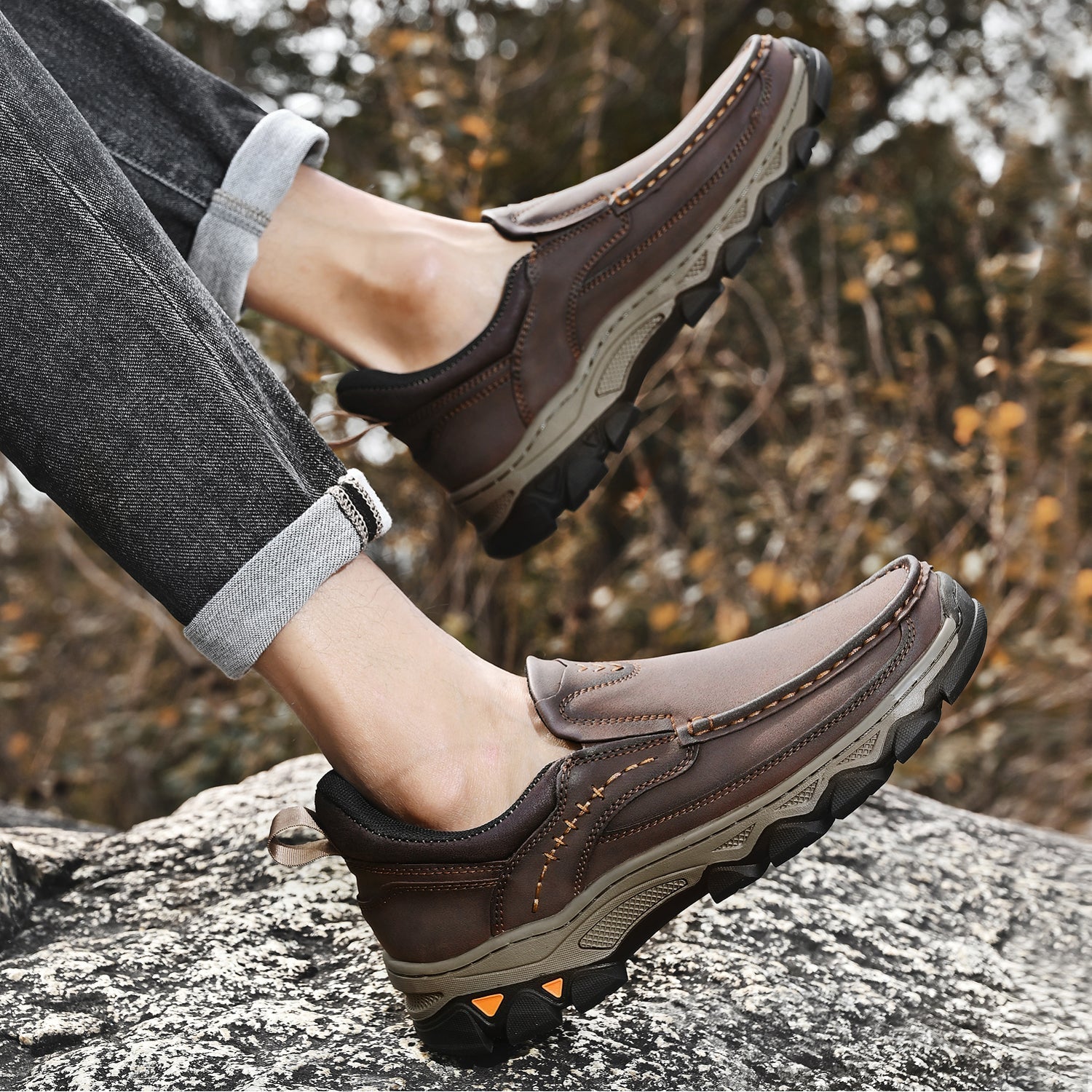 Mens Slip On Casual Outdoor Leather Walking Hiking Shoes V3688