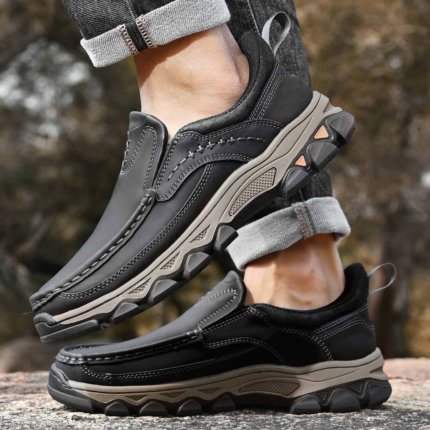 Mens Slip On Casual Outdoor Leather Walking Hiking Shoes V3688