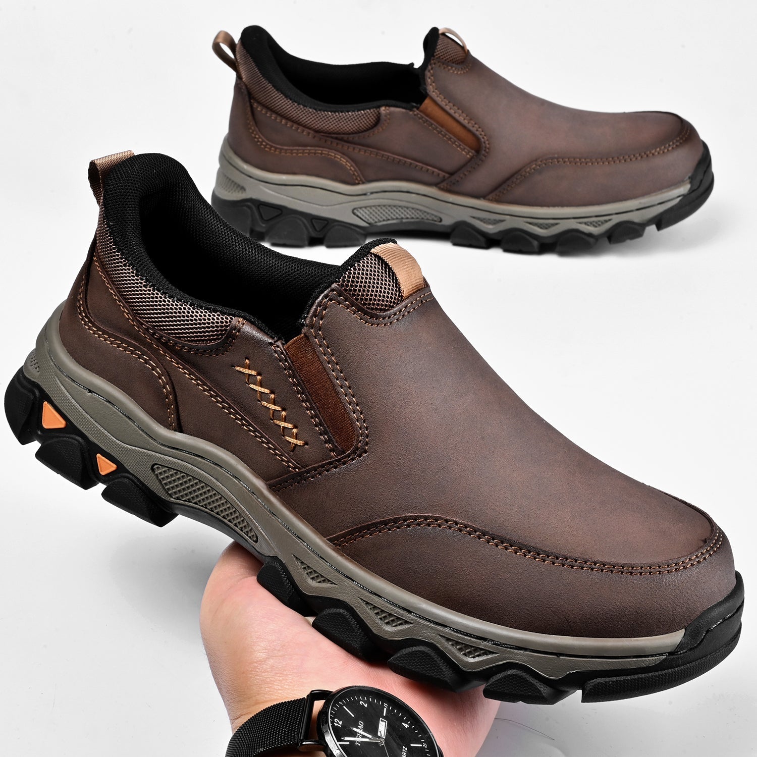 Mens Slip On Casual Outdoor Leather Walking Hiking Shoes V3686