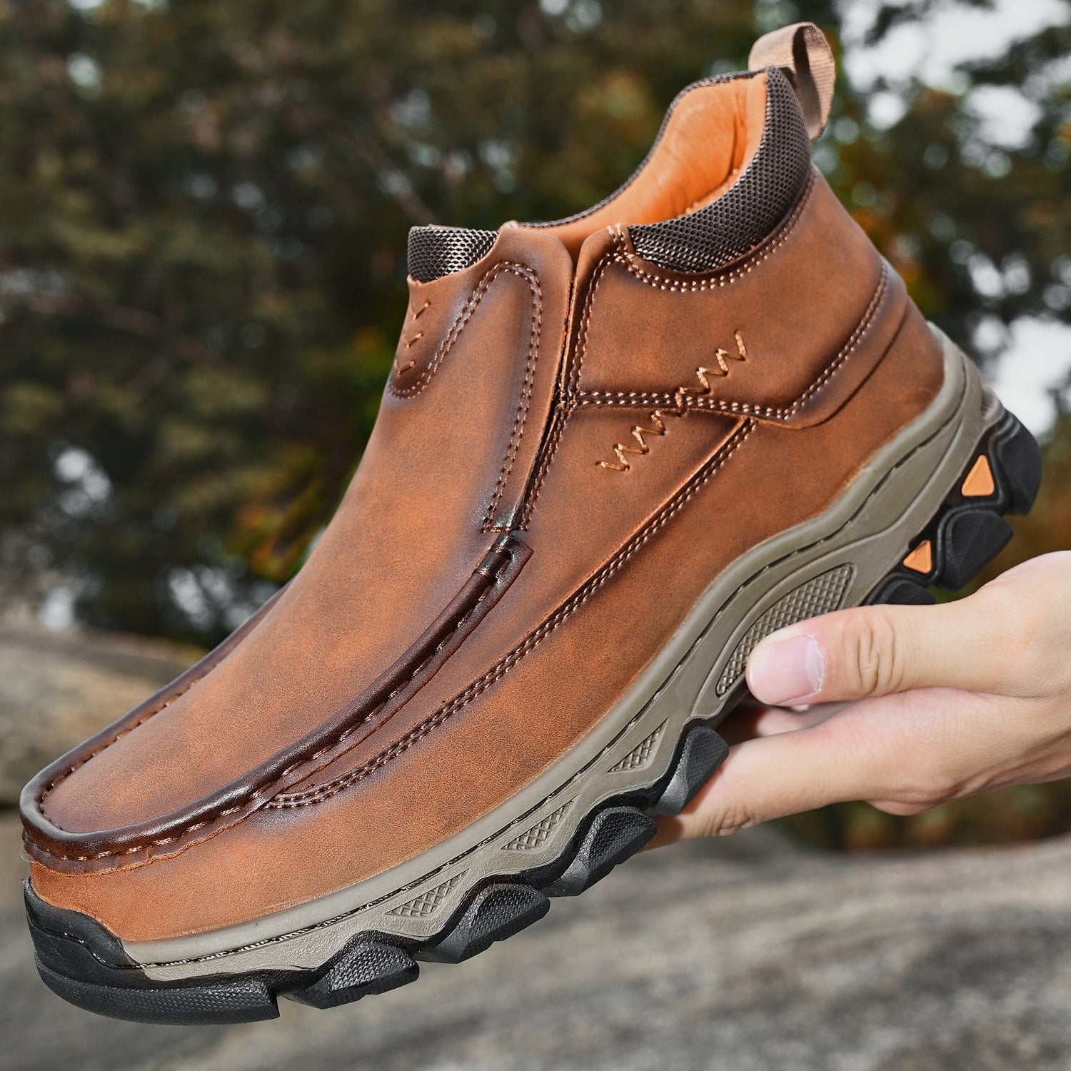 Mens Slip On Casual Outdoor Leather Walking Hiking Shoes 3770