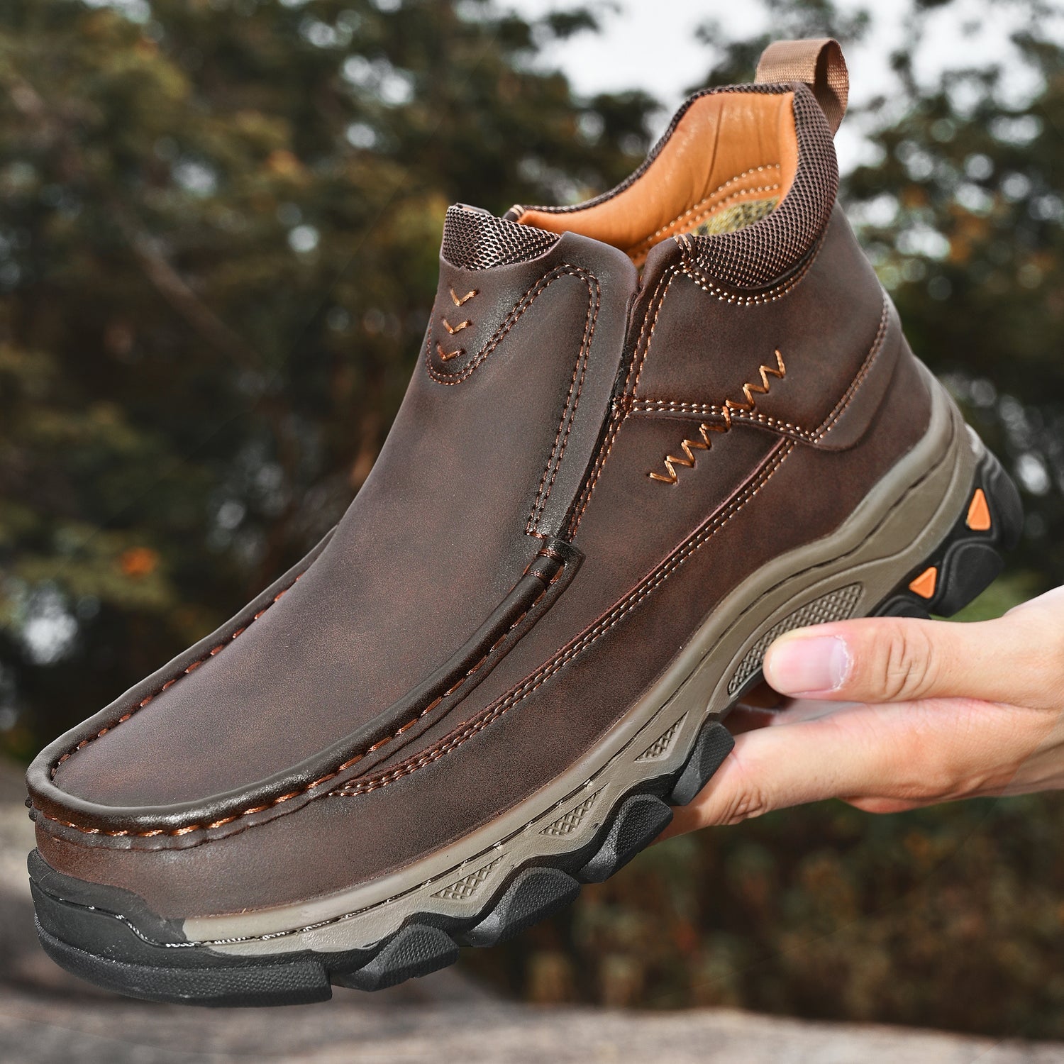 Mens Slip On Casual Outdoor Leather Walking Hiking Shoes 3770