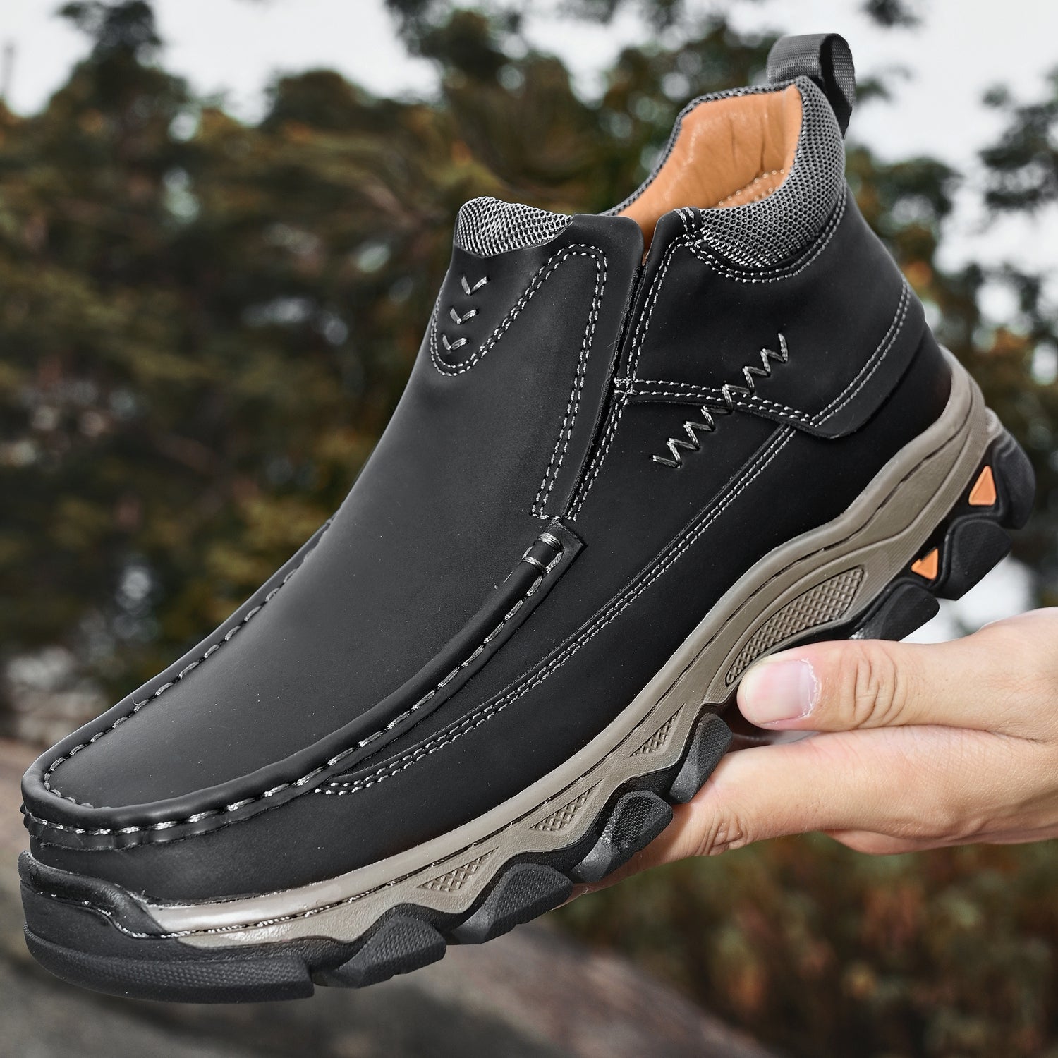 Mens Slip On Casual Outdoor Leather Walking Hiking Shoes 3770