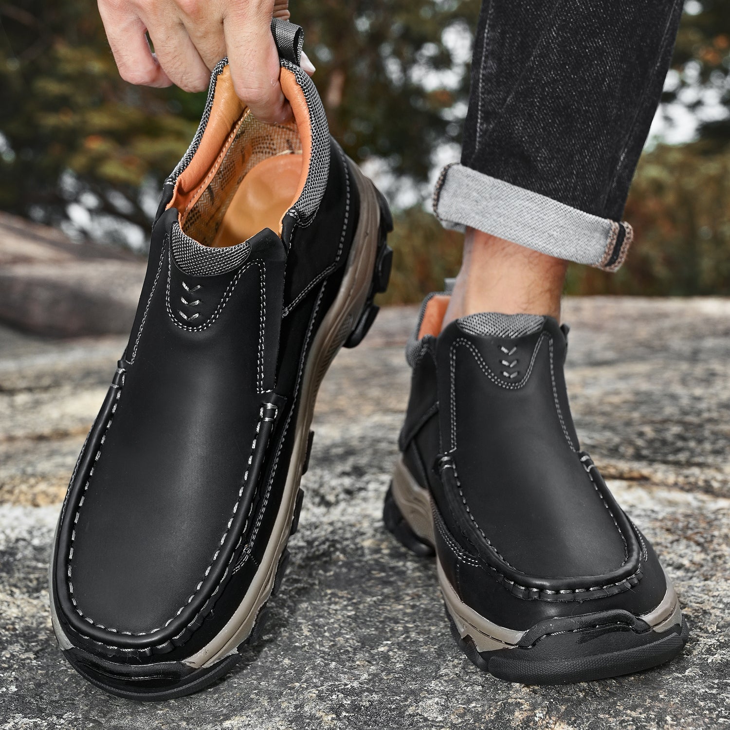 Mens Slip On Casual Outdoor Leather Walking Hiking Shoes 3770