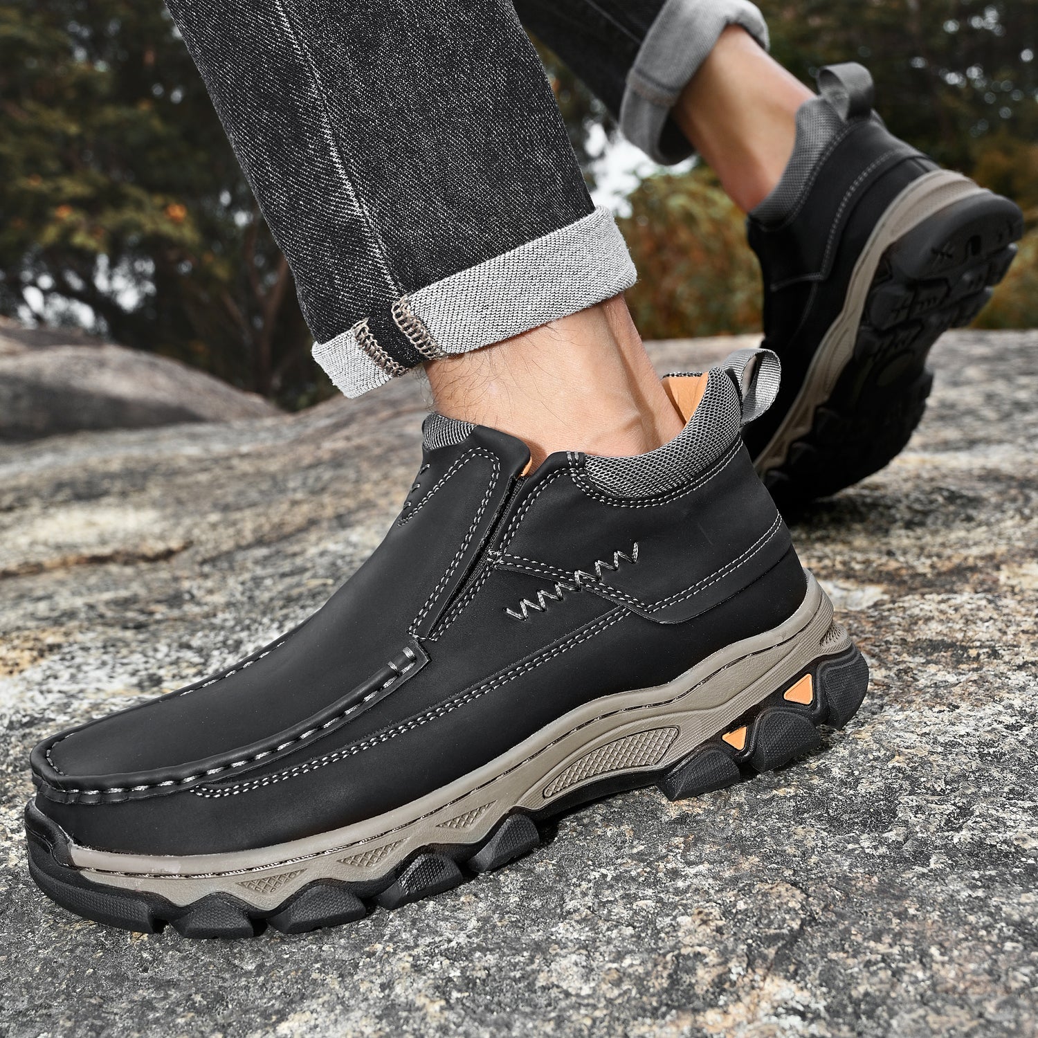 Mens Slip On Casual Outdoor Leather Walking Hiking Shoes 3770