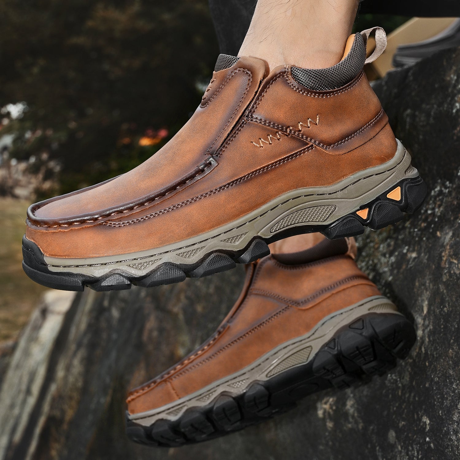 Mens Slip On Casual Outdoor Leather Walking Hiking Shoes 3770