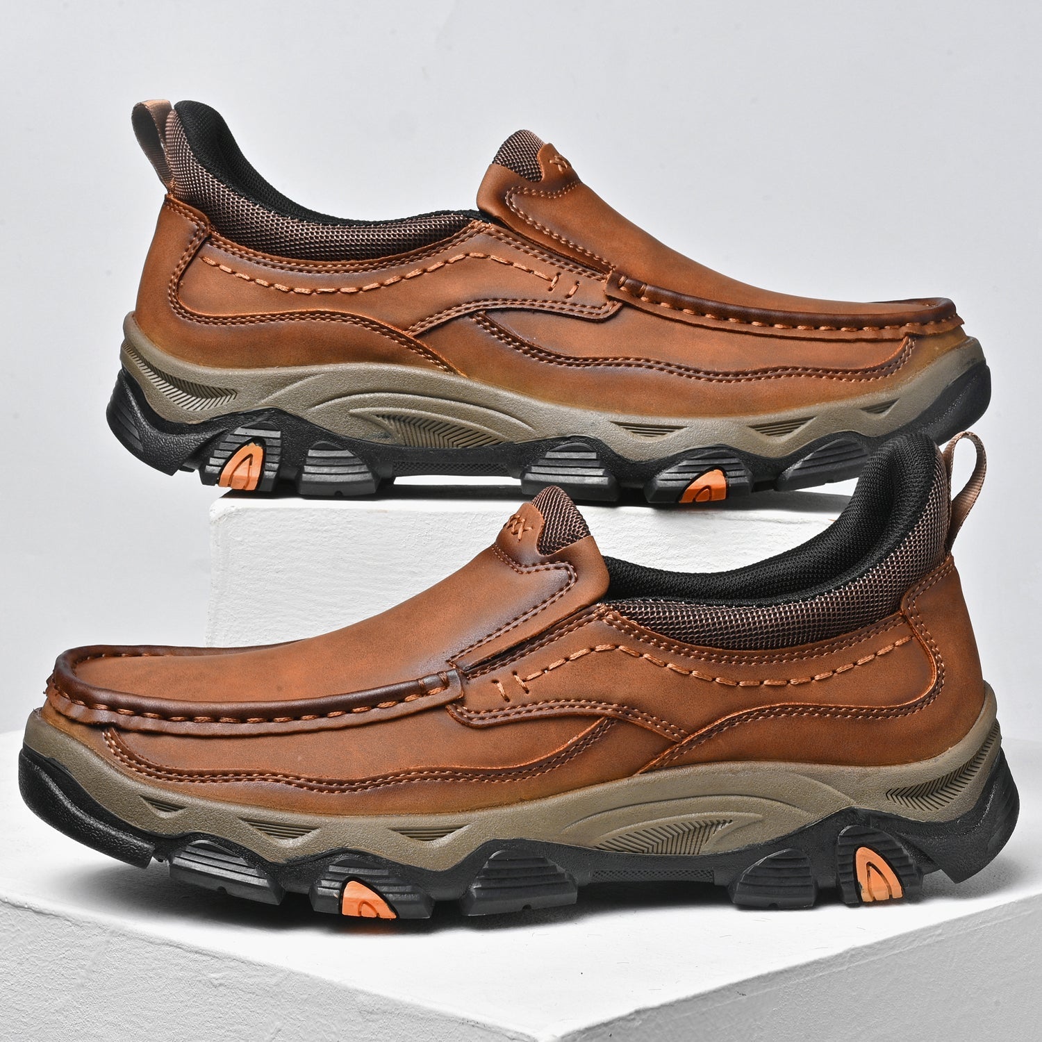 Mens Slip On Casual Outdoor Leather Walking Hiking Shoes V3672/V3673