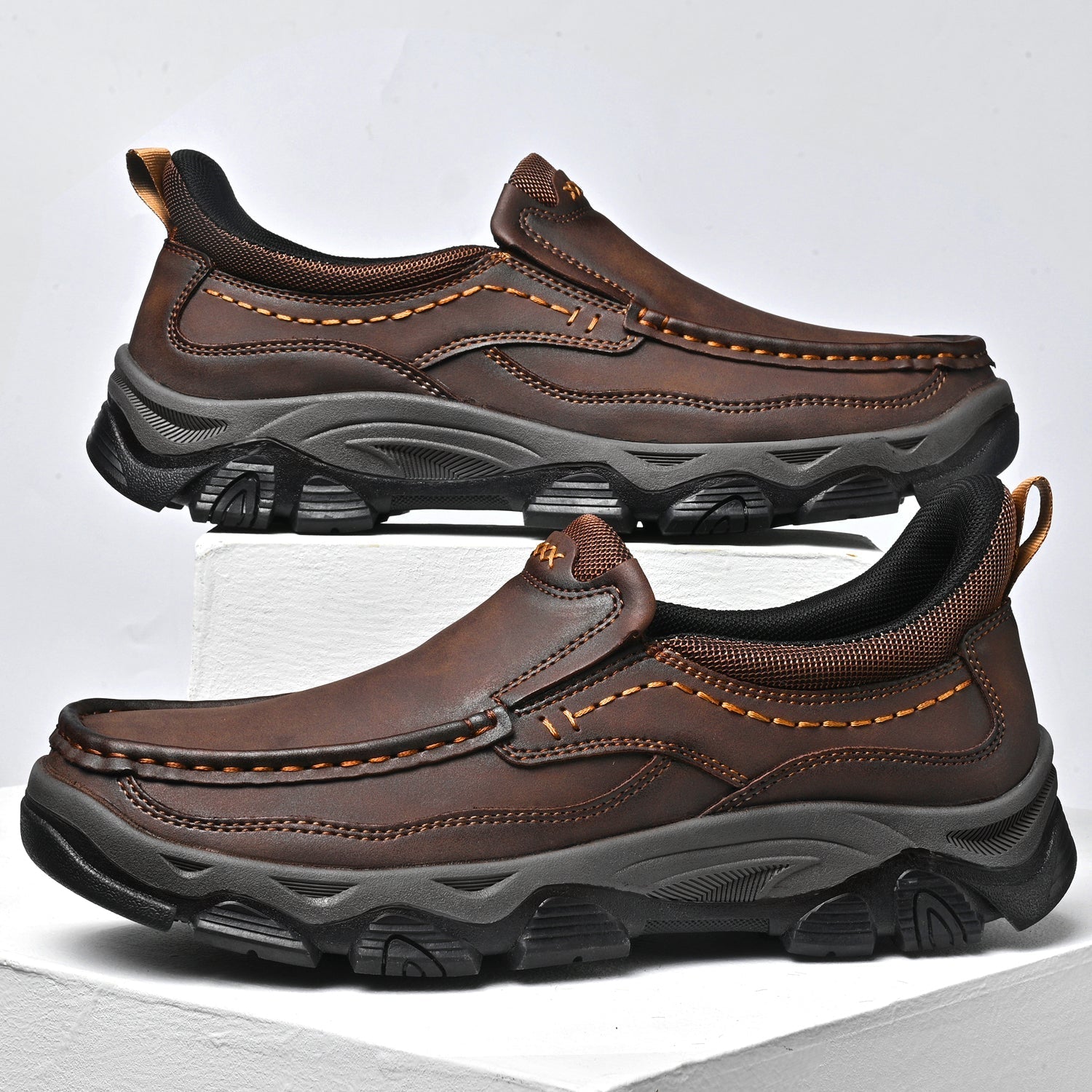 Mens Slip On Casual Outdoor Leather Walking Hiking Shoes V3672/V3673