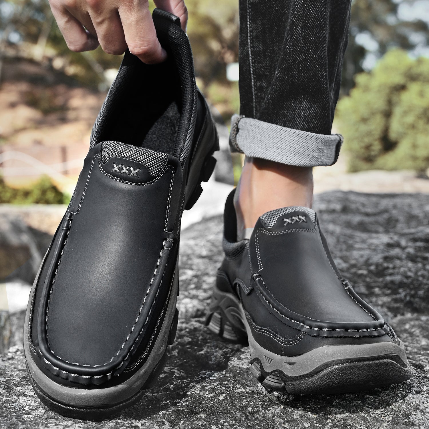 Mens Slip On Casual Outdoor Leather Walking Hiking Shoes V3672/V3673