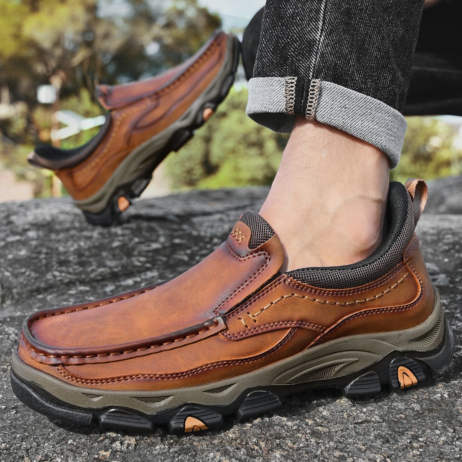 Mens Slip On Casual Outdoor Leather Walking Hiking Shoes V3672/V3673