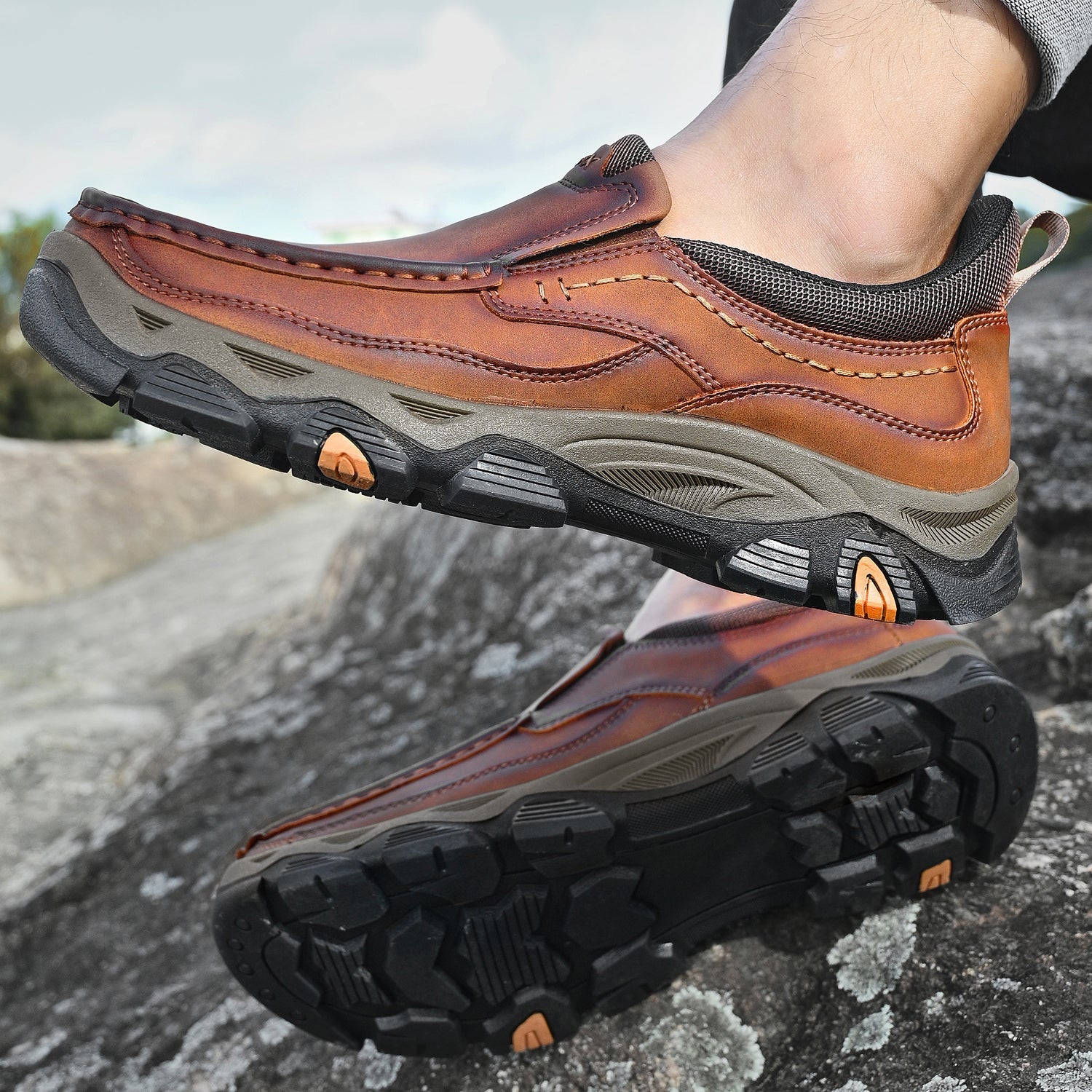 Mens Slip On Casual Outdoor Leather Walking Hiking Shoes V3672/V3673