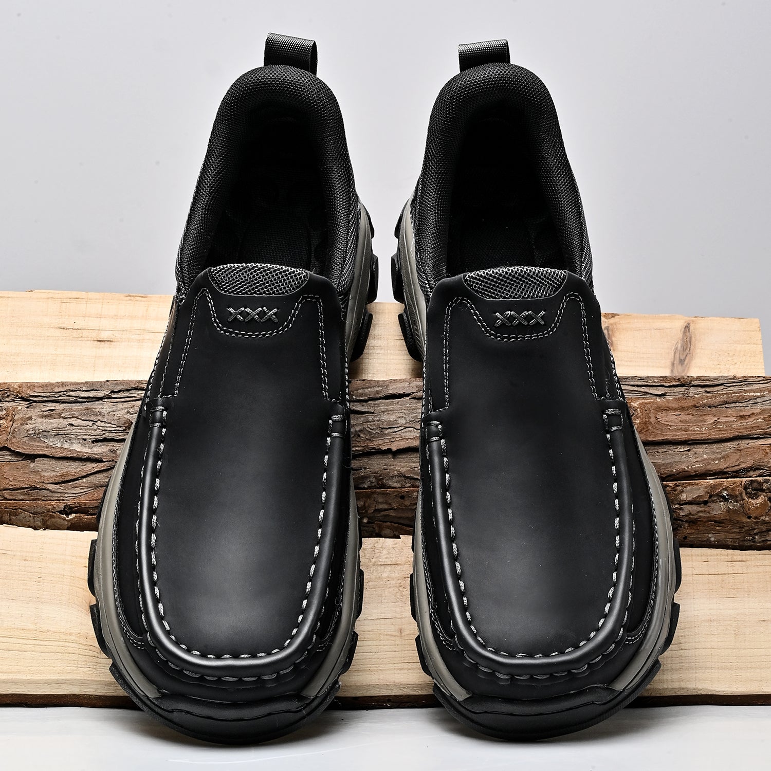 Mens Slip On Casual Outdoor Leather Walking Hiking Shoes V3689