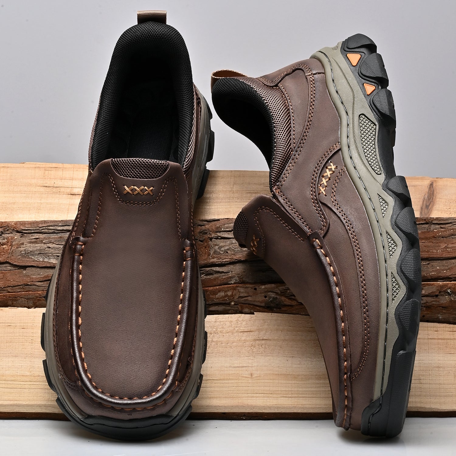 Mens Slip On Casual Outdoor Leather Walking Hiking Shoes V3689