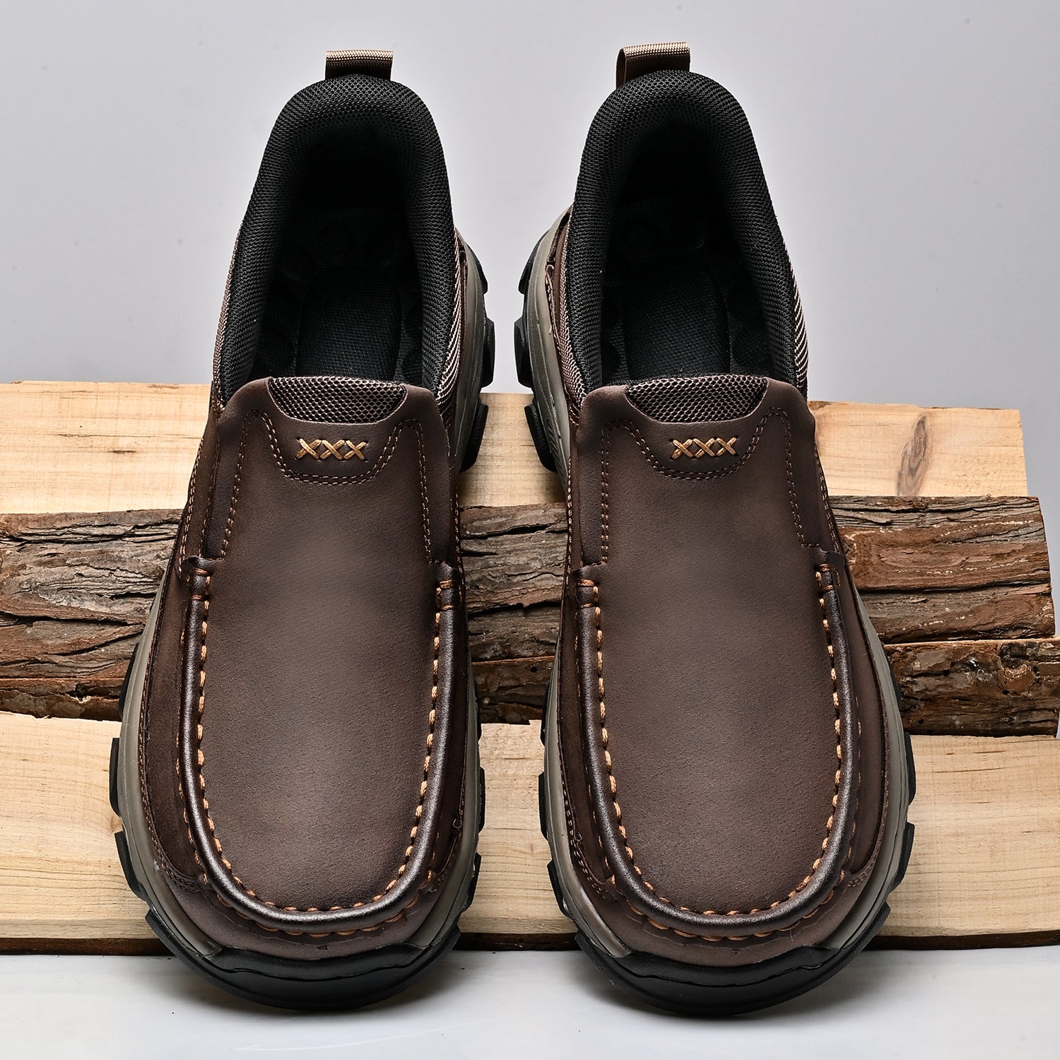 Mens Slip On Casual Outdoor Leather Walking Hiking Shoes V3689