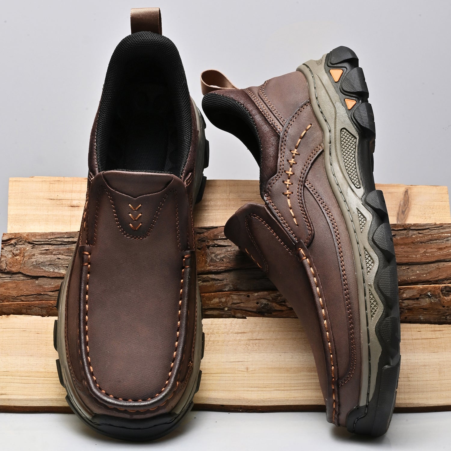 Mens Slip On Casual Outdoor Leather Walking Hiking Shoes V3688